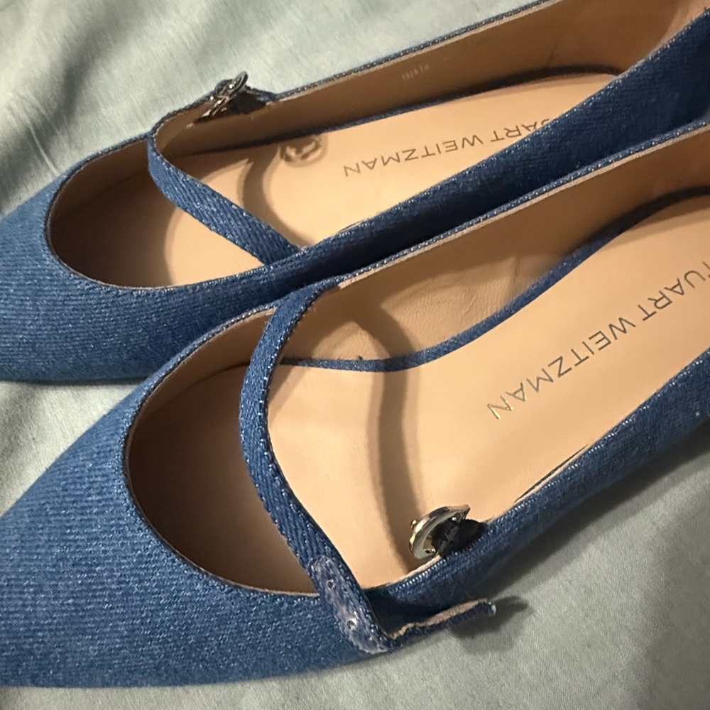 Stuart Weitzman Emilia Denim Blue Pointed-Toe Mary Jane Flats - Picture 5 of 8